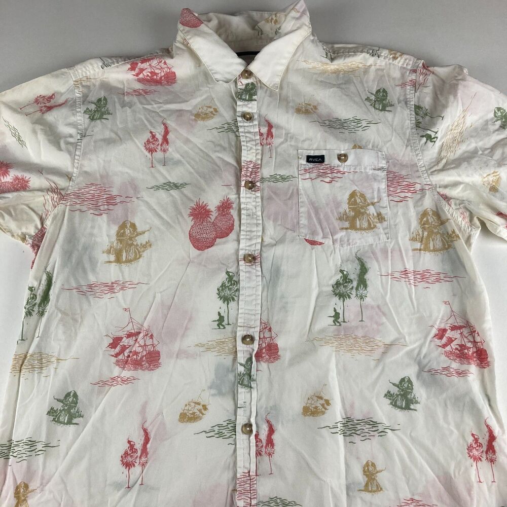 RVCA Shirt Mens XL Slim White Graphic Reverse Print Button Up Hawaiian Cotton